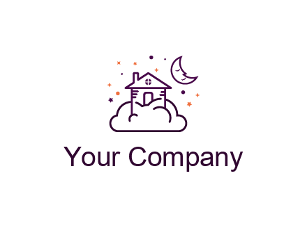 house on cloud with moon and stars logo