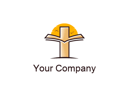 cross and book in front of sun with birds logo
