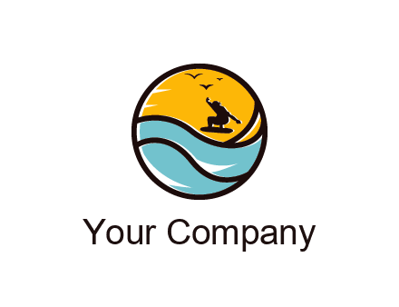 surfer surfing with birds in circle